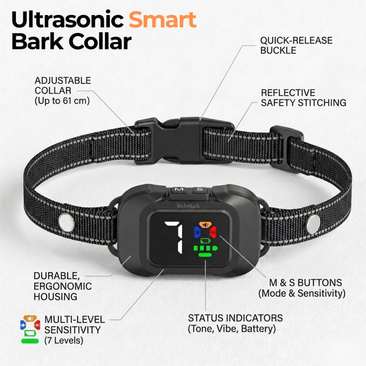 Tech4Tails 3-in-1 Smart Bark Collar | Shock-Free Ultrasonic, Tone & Vibration